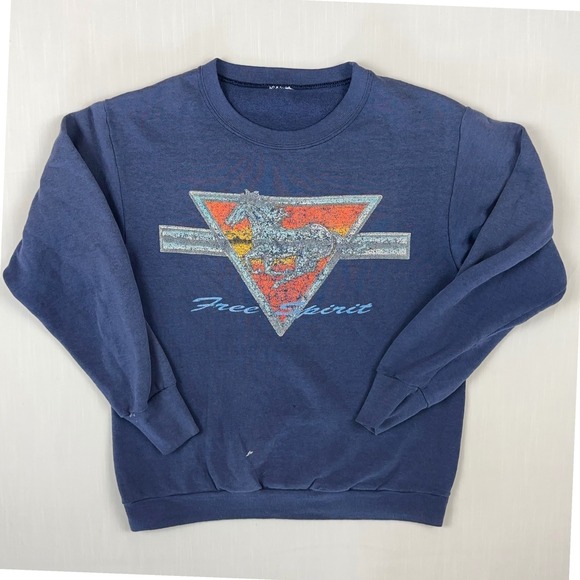 Vintage Tops - Vintage‎ Free Spirit Horse Graphic Blue Crewneck Sweatshirt Womens Medium Retro